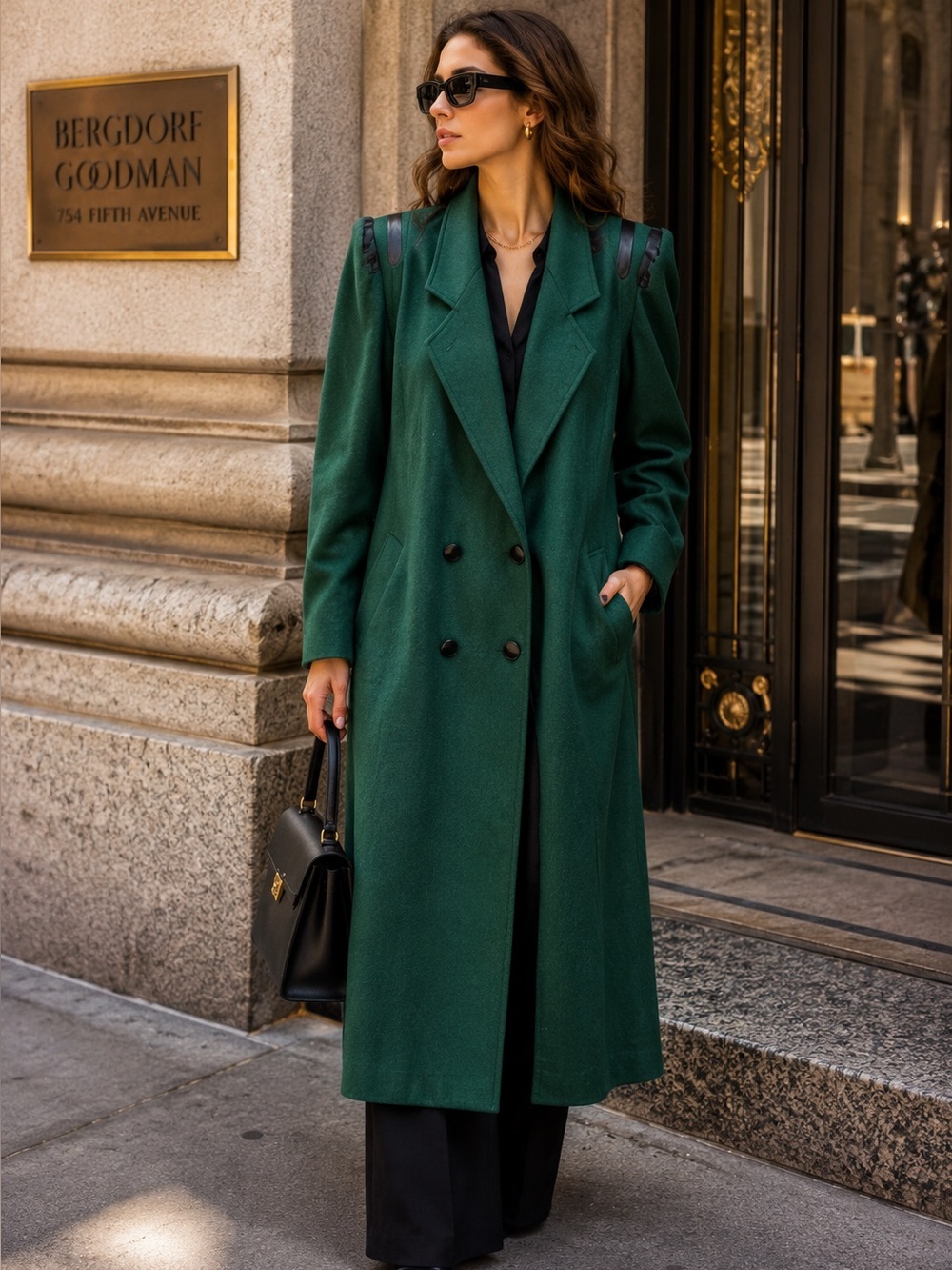 VINTAGE OTELLO PELLE 1980s Military Emerald Green Leather Trimmed Wool Coat, M